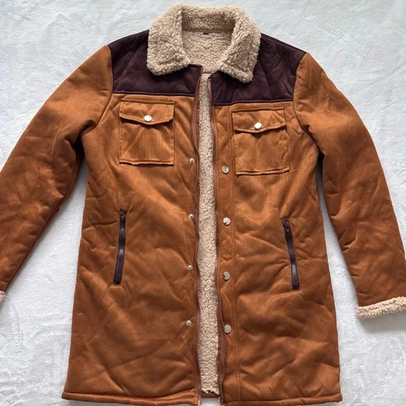 Men's Brown Faux Suede Sherpa Zippered Chore Jacket--NEW--S - Picture 7 of 15